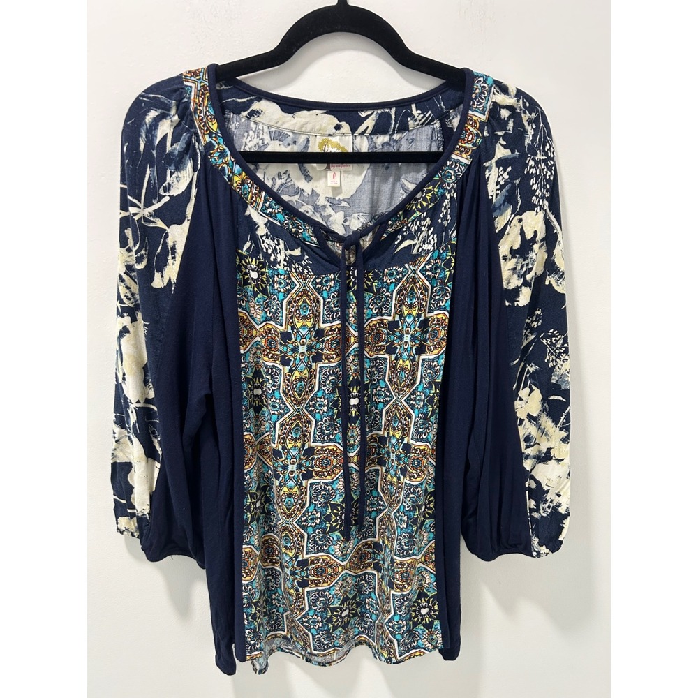 Fig and Flower Navy Mixed Media Boho Floral Geometric Print Blouse Large